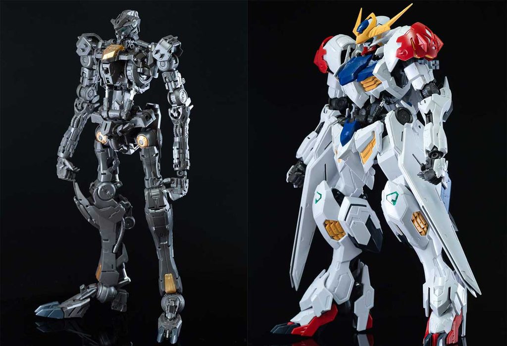 MGバルバトスルプスのビフォーアフター。左が装甲を付ける前のガンダムフレーム、右が完成した状態